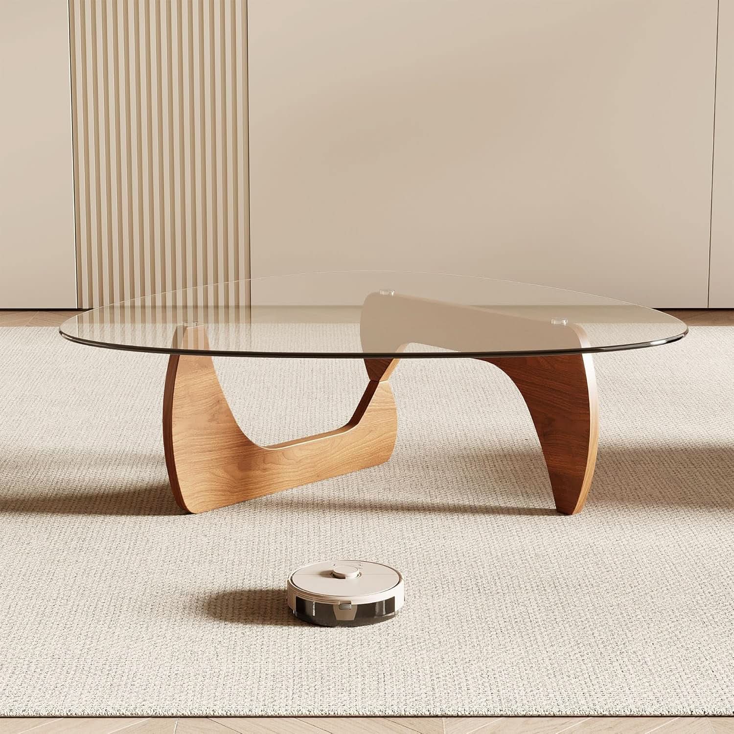 42.5 Inch Triangular Glass Coffee Table Natural Wood-4