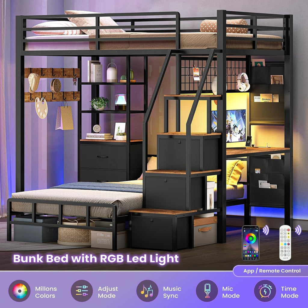Charcoal Twin Bunk Bed With Charging Station Drawers