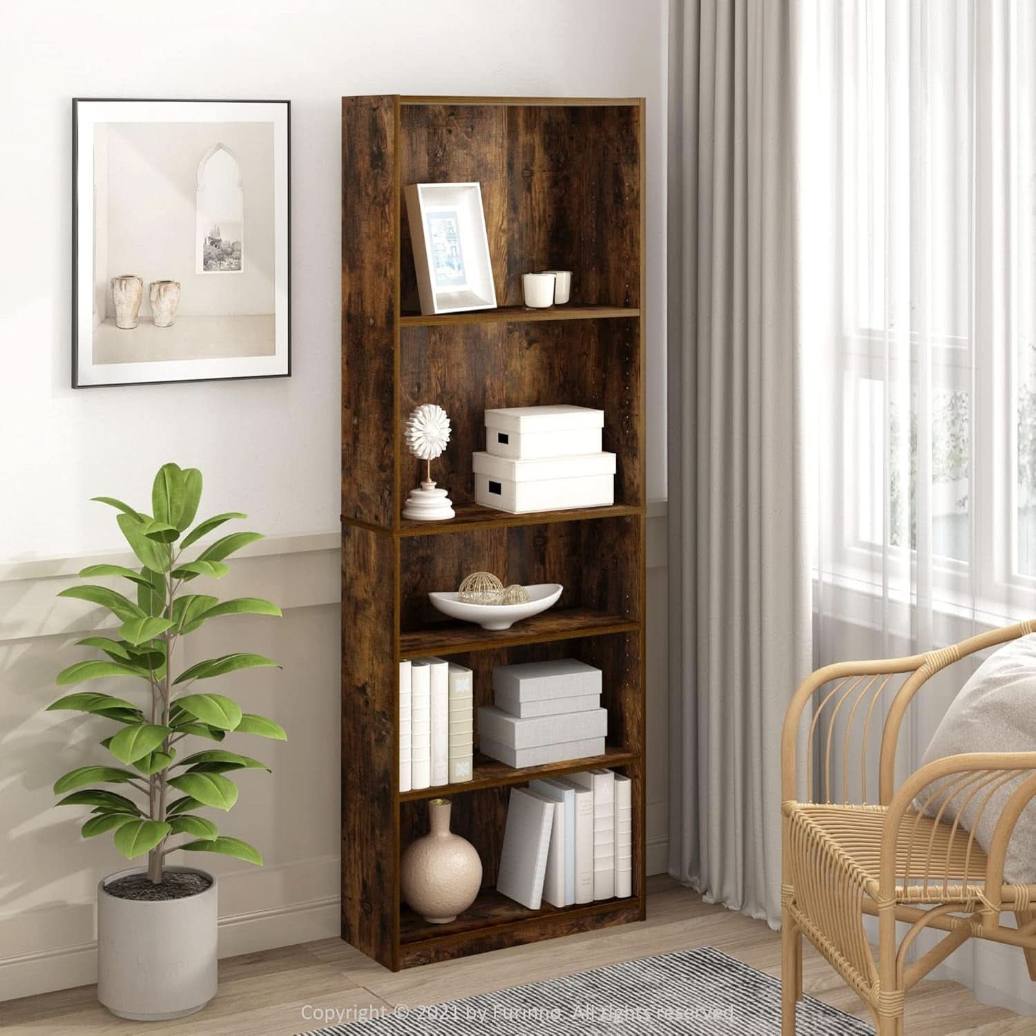 Adjustable 5 Tier Amber Pine Bookcase Living Room Storage-1
