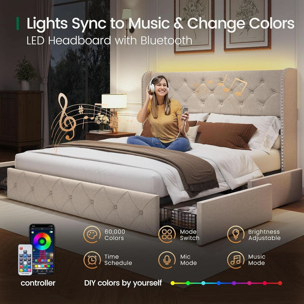 Queen Upholstered Platform Bed Frame Integrated LEDs
