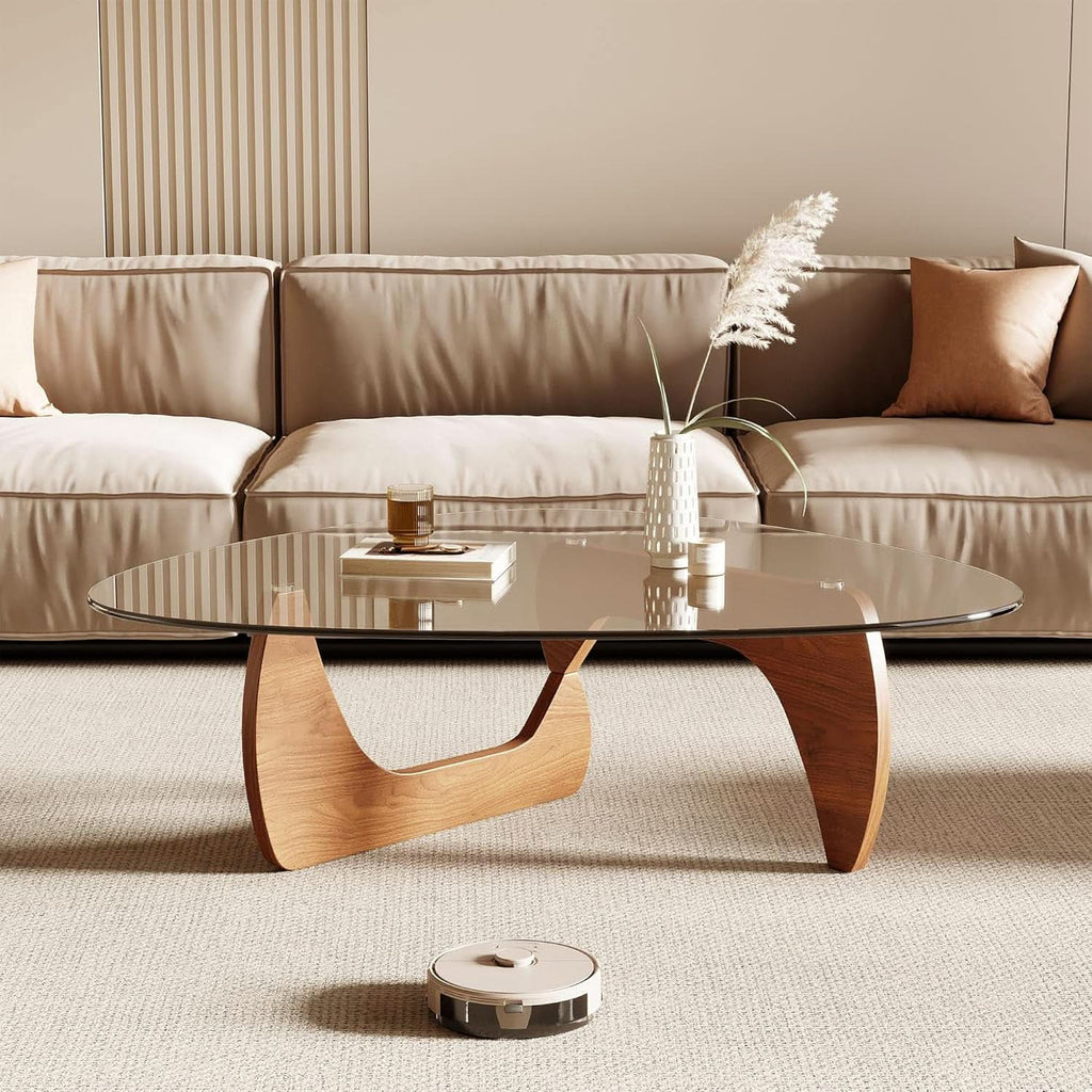 42.5 Inch Triangular Glass Coffee Table Natural Wood-2