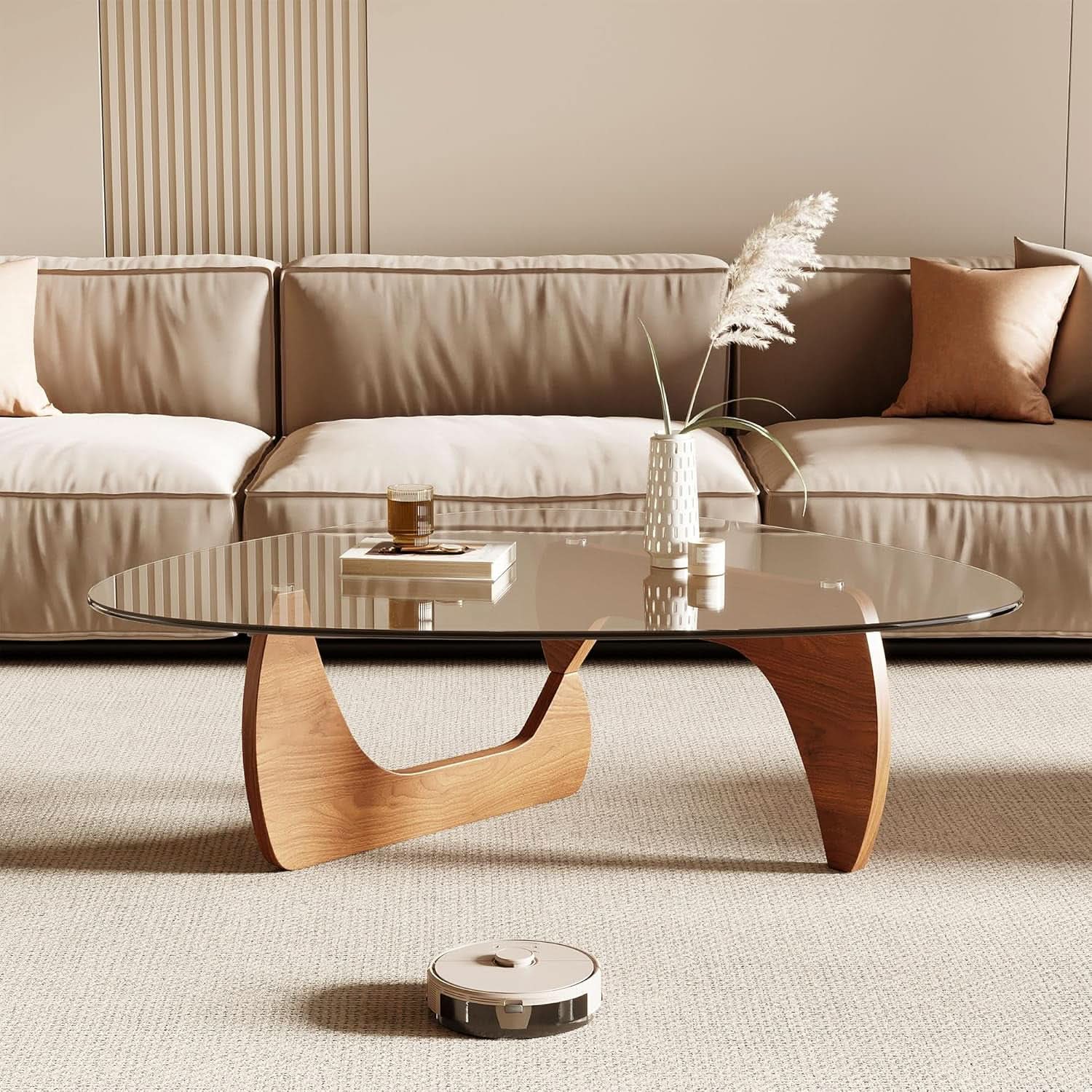 42.5 Inch Triangular Glass Coffee Table Natural Wood-2