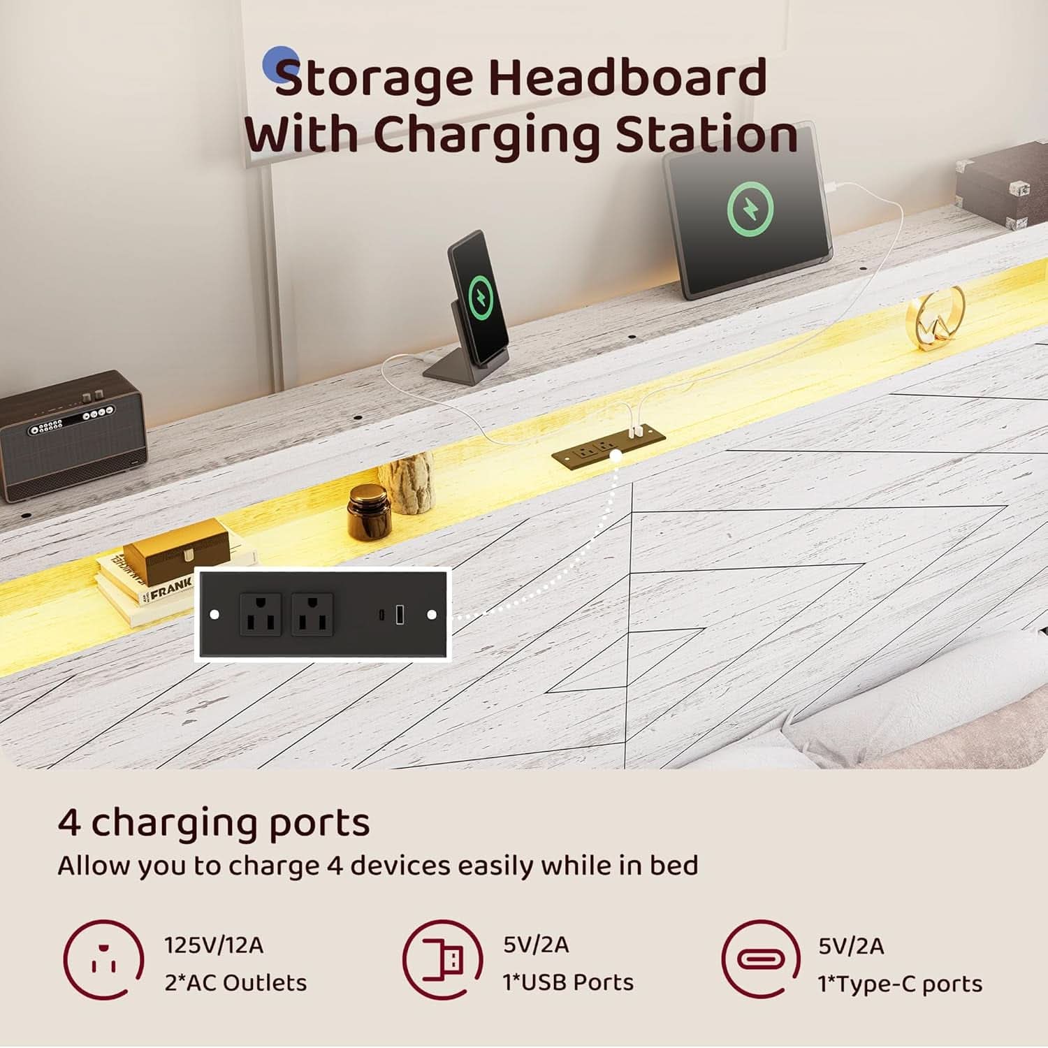 Queen Platform Bed Frame With Storage Drawers USB Charging LED