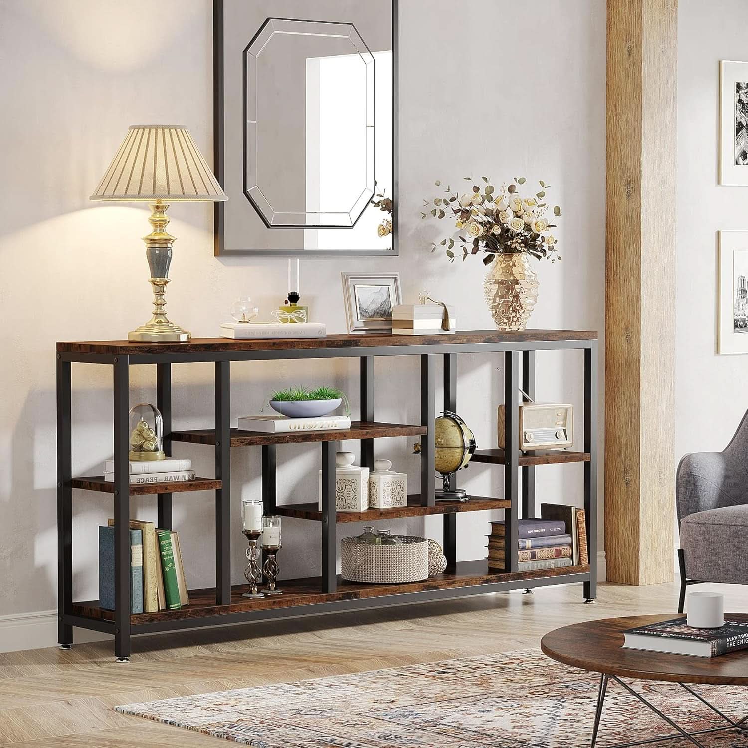 Brown Console Sofa Table 70.9Inch Industrial Finish-3