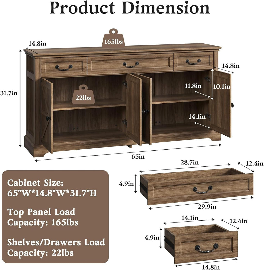 65Inch Walnut Farmhouse Style Sideboard Buffet Cabinet-1