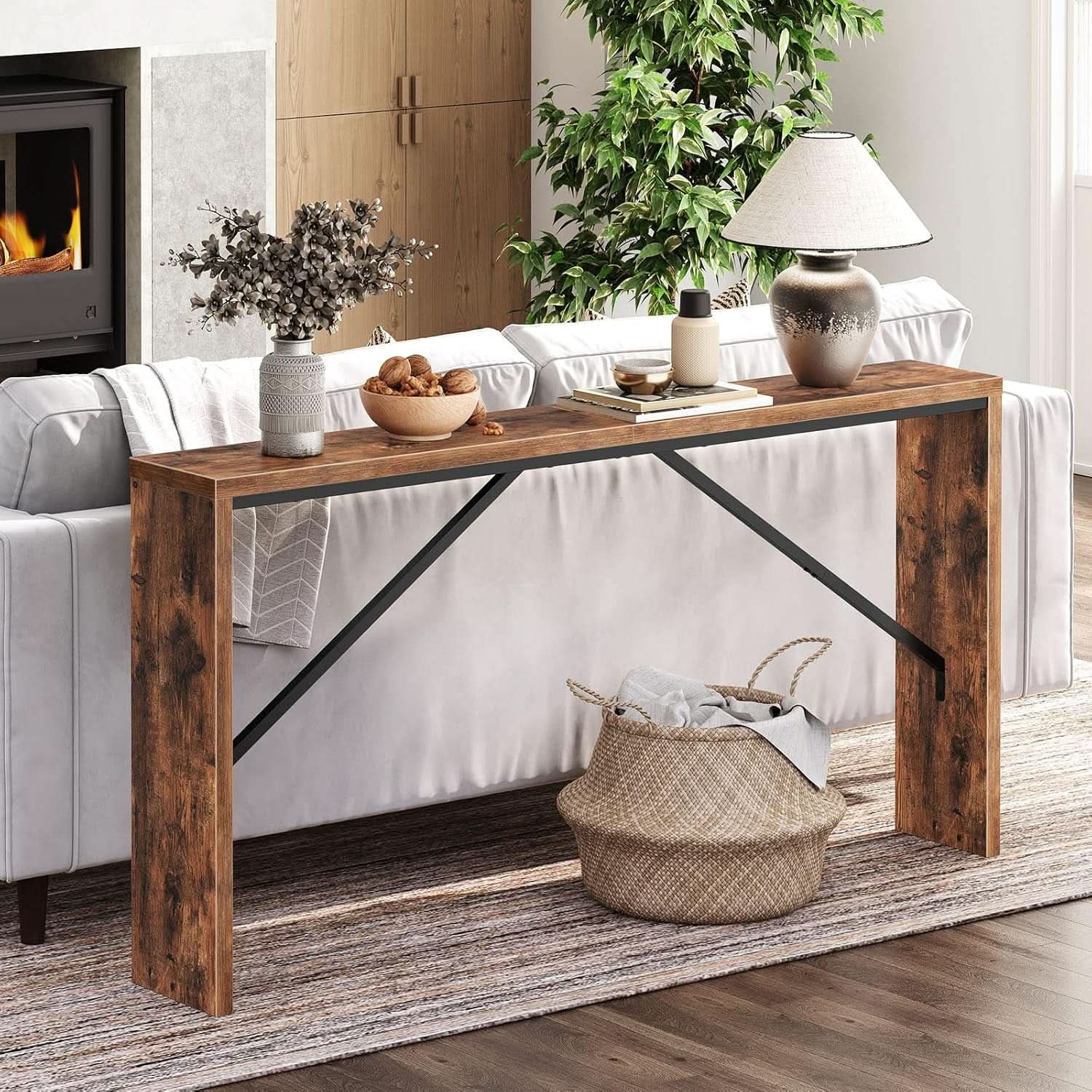 62 Inch Long Rustic Brown Console Table For Entryway-4