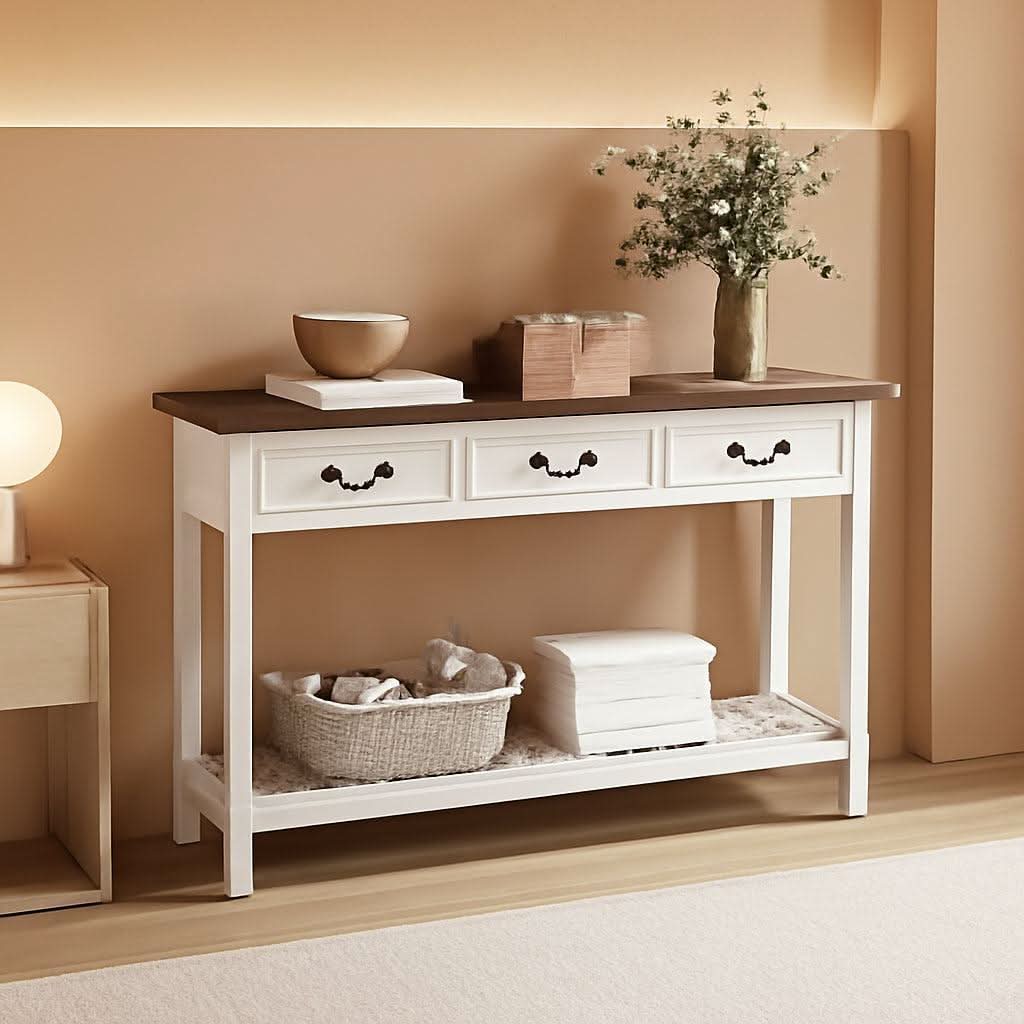 47Inch SoftWhiteBrown TraditionalFarmhouse Console Table Drawers-0