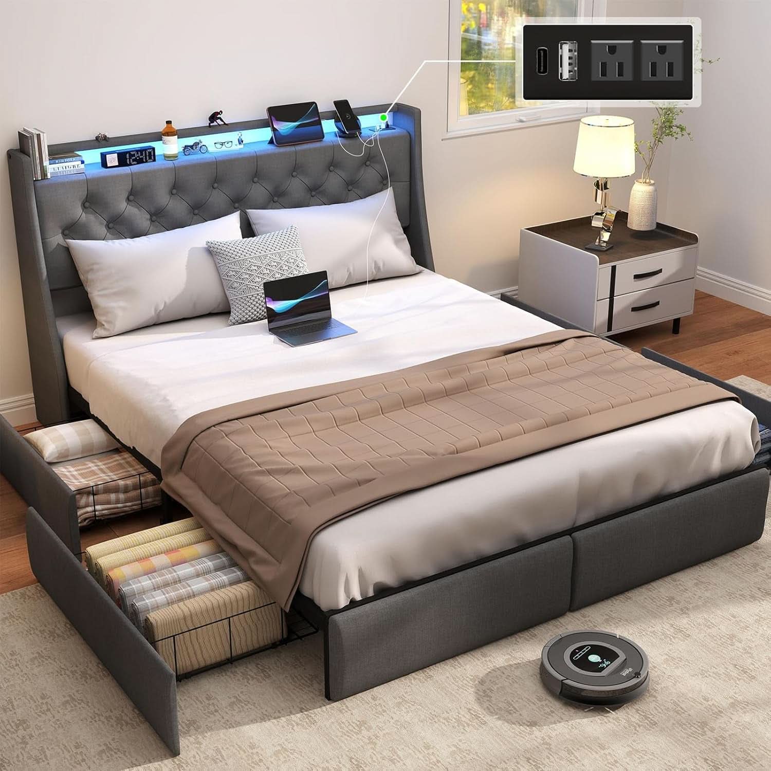 Queen Bed Frame With Storage Headboard LED Lighting