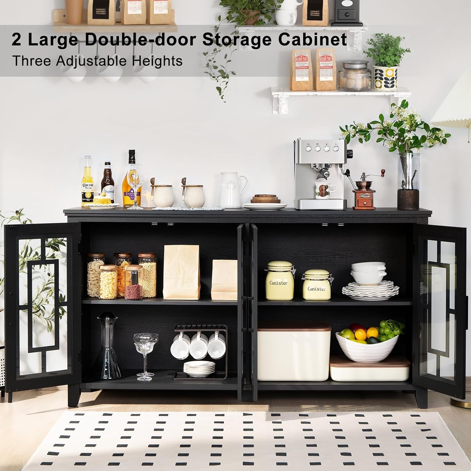 63 Inch Black Midcentury Farmhouse Sideboard Cabinet-4