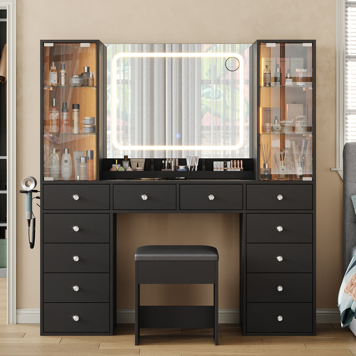 12-Drawer Mirror Vanity Desk - Yanosaku