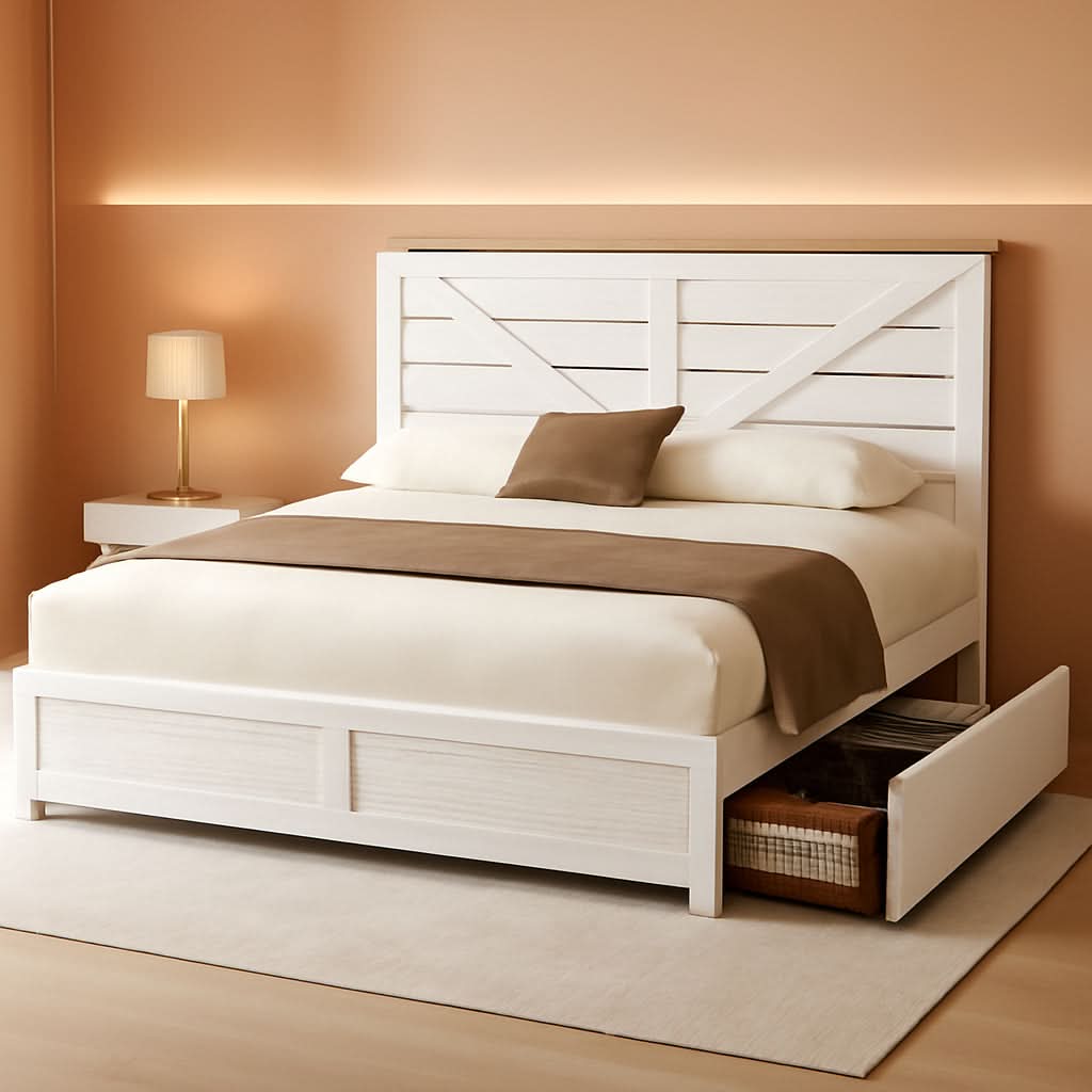 Barnwood White Farmhouse Storage Platform Bed Frame