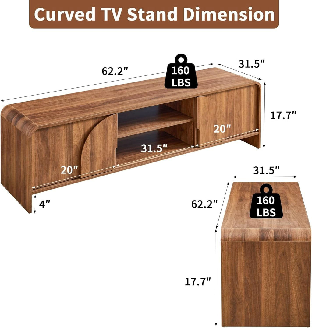 Walnut 63 Inch TV Stand Sliding Doors Entertainment-1