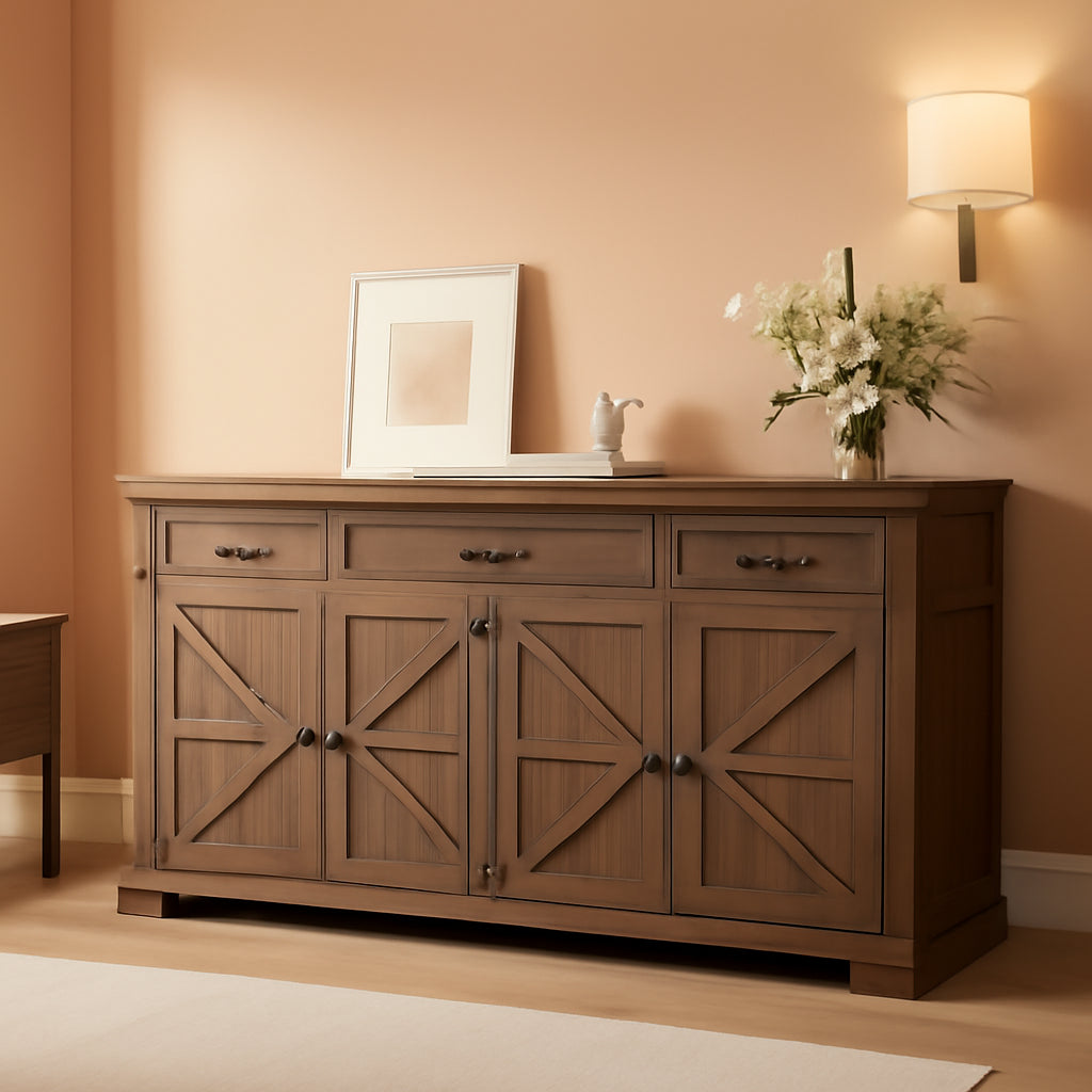 65Inch Walnut Farmhouse Style Sideboard Buffet Cabinet-0