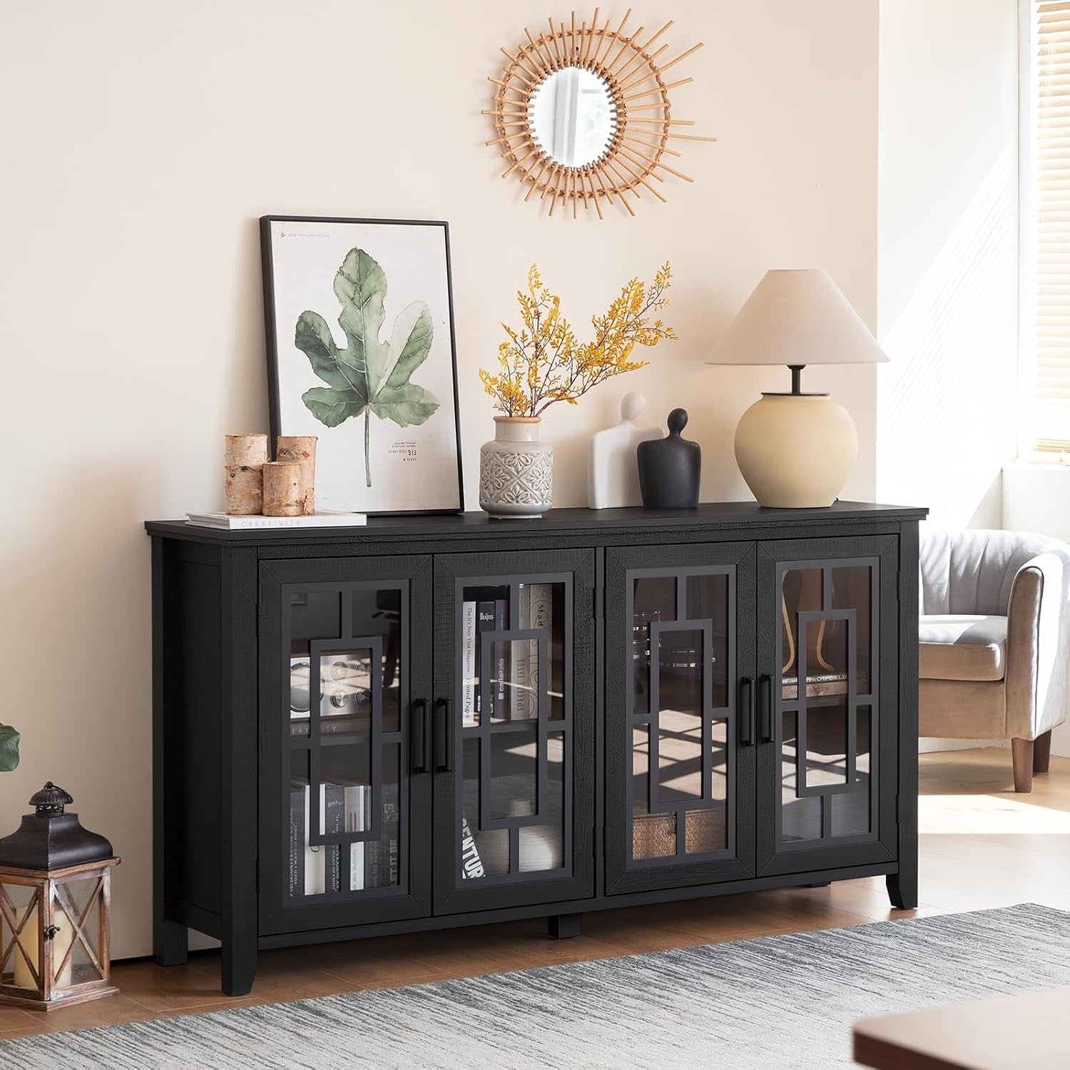 63 Inch Black Midcentury Farmhouse Sideboard Cabinet-2