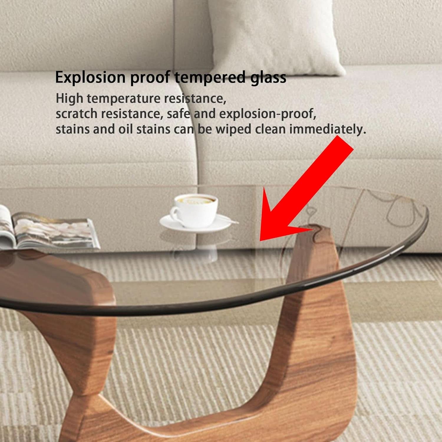 Walnut Clear Glass Oval Coffee Table Diameter 32.68 Inch-4