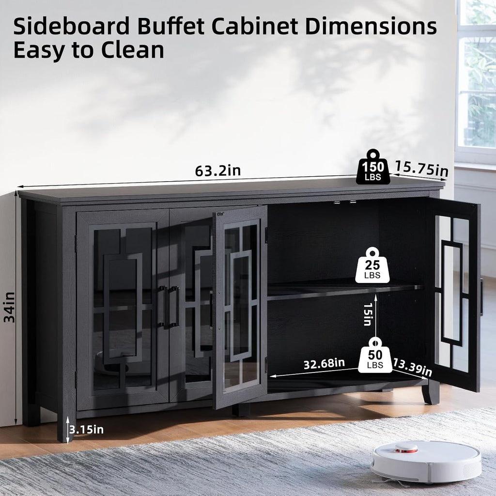63 Inch Black Midcentury Farmhouse Sideboard Cabinet-1