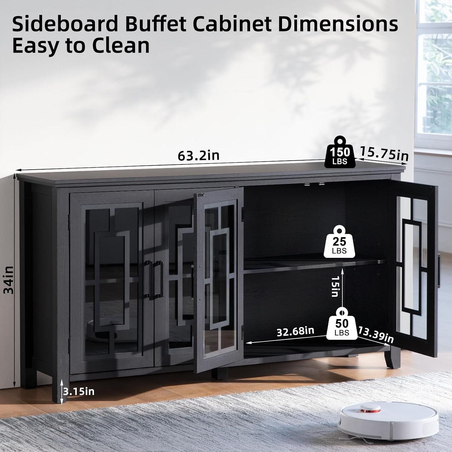 63 Inch Black Midcentury Farmhouse Sideboard Cabinet-1