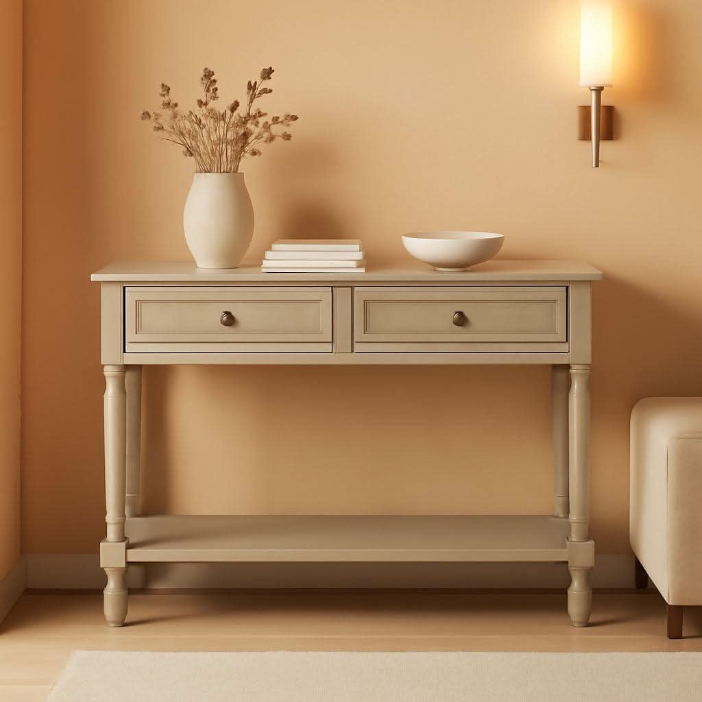 Greige Console Table With Two Drawers