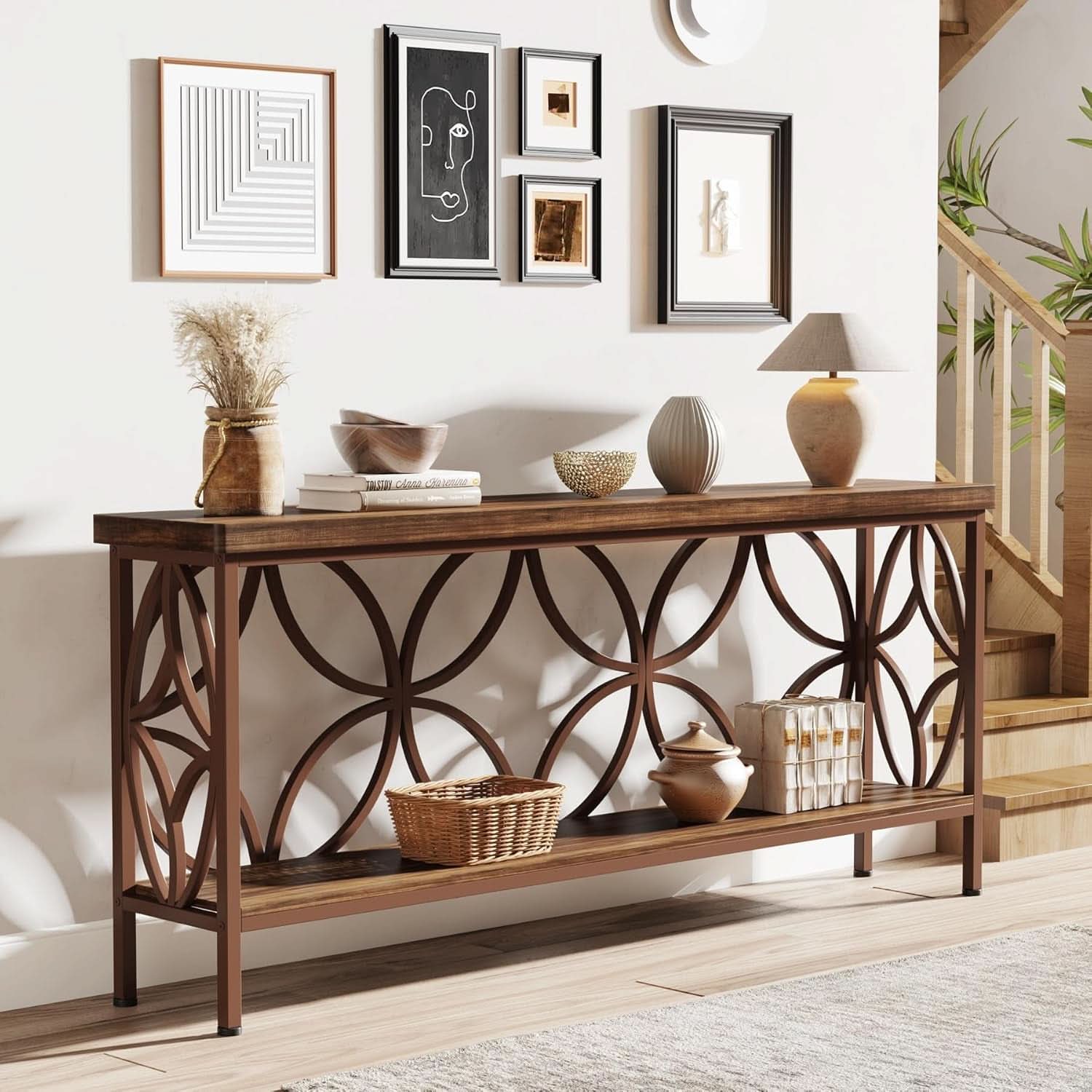 70.9-Inch Narrow Brown Industrial Storage Console Table-2