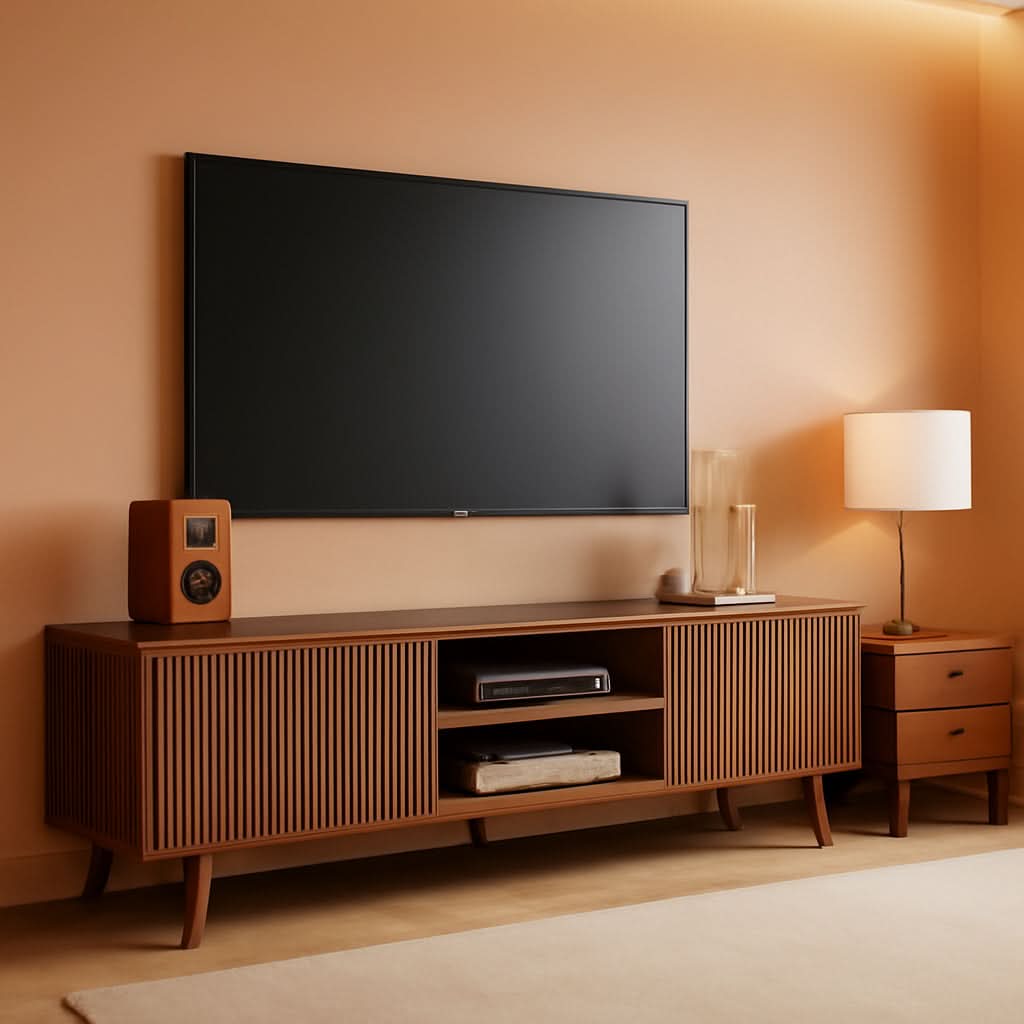 57-Inch Walnut TV Stand Featuring Concealed Storage-0