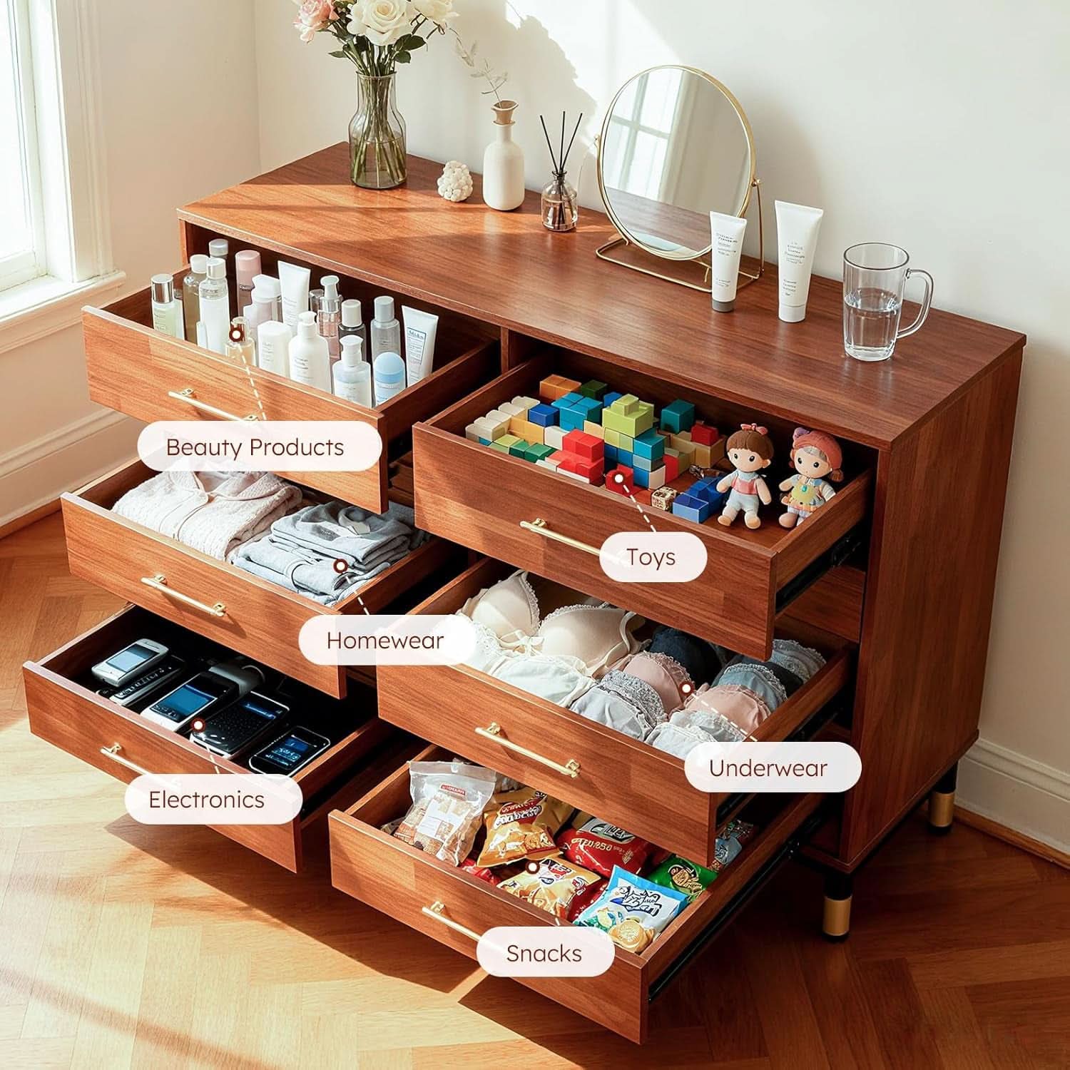 Walnut Dresser Six Drawer Storage Organizer Cabinet