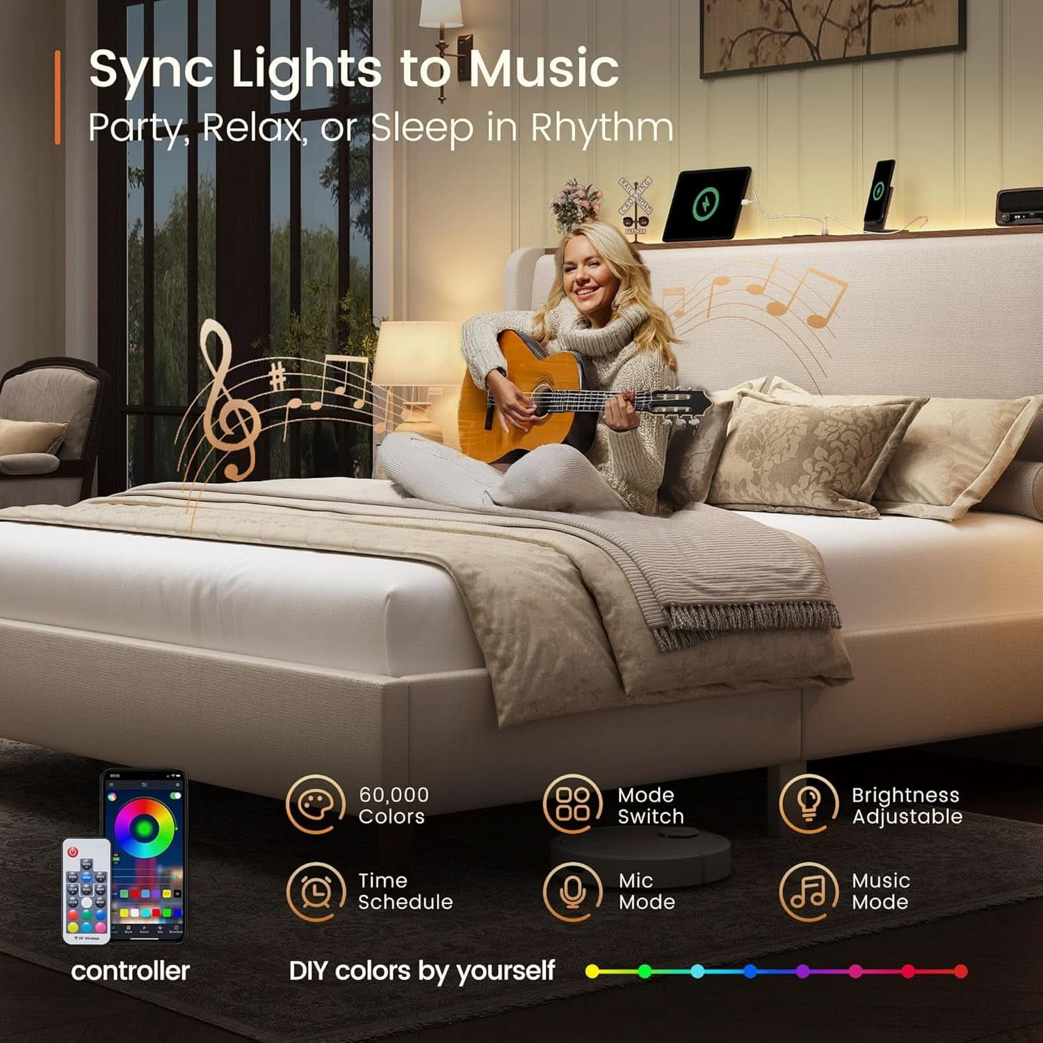 Queen Size Upholstered Bed Frame With LED Lights And USB