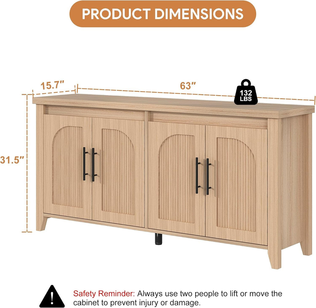 Sixty Three Inch Exquisite Fluted Arched Solid Wood Sideboard