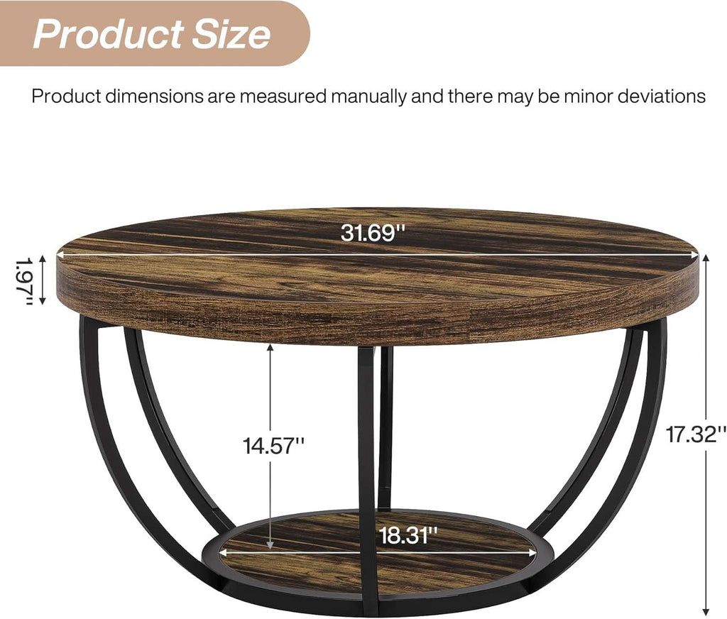 Round Coffee Table 31.7Inches Rustic Brown Storage-1