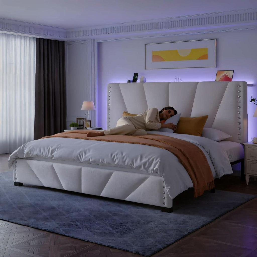 Queen Size Beige Velvet Upholstered Headboard Bed Frame