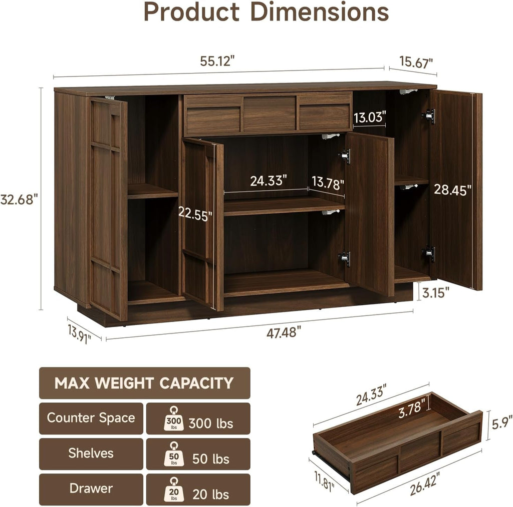 Walnut 55Inch Buffet Cabinet Storage Sideboard Unit-1