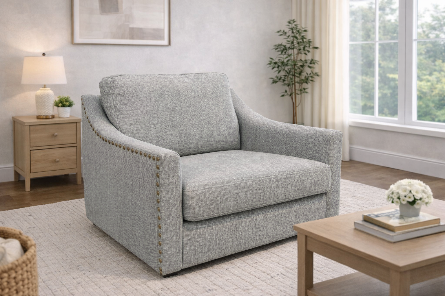 Modern Accent Chair – Light Gray w/ Nailhead Trim