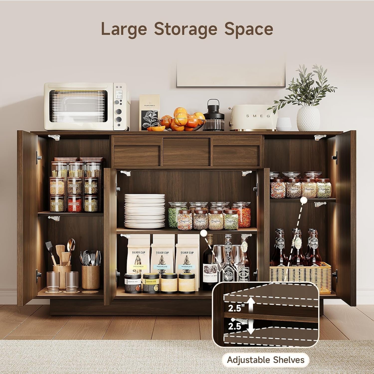 Walnut 55Inch Buffet Cabinet Storage Sideboard Unit-4