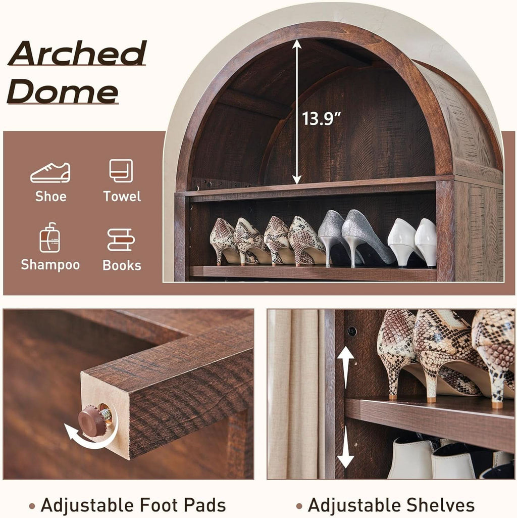 Tall Arched Brown Finish Bookcase With Adjustable Shelves