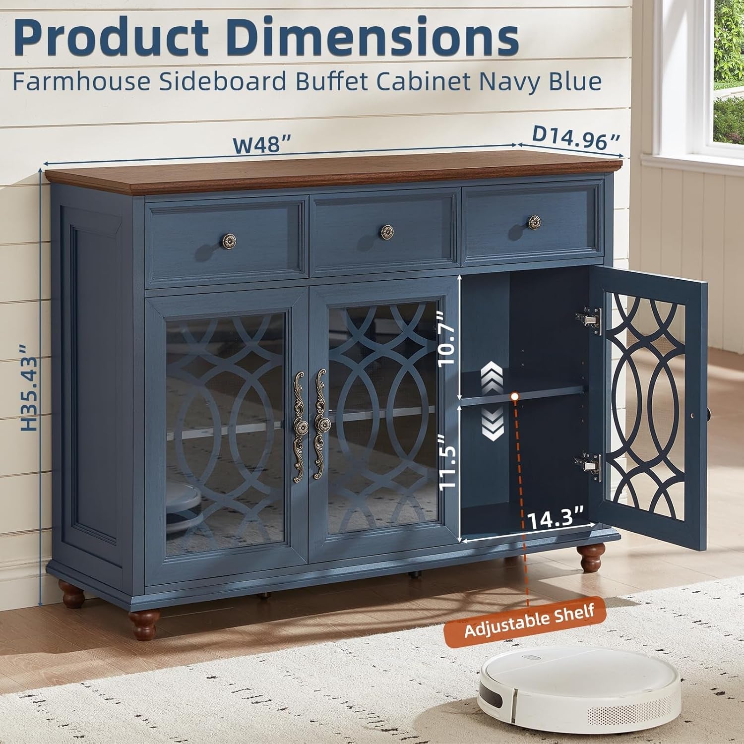 Navy Blue Rustic Farmhouse Sideboard Cabinet Glass