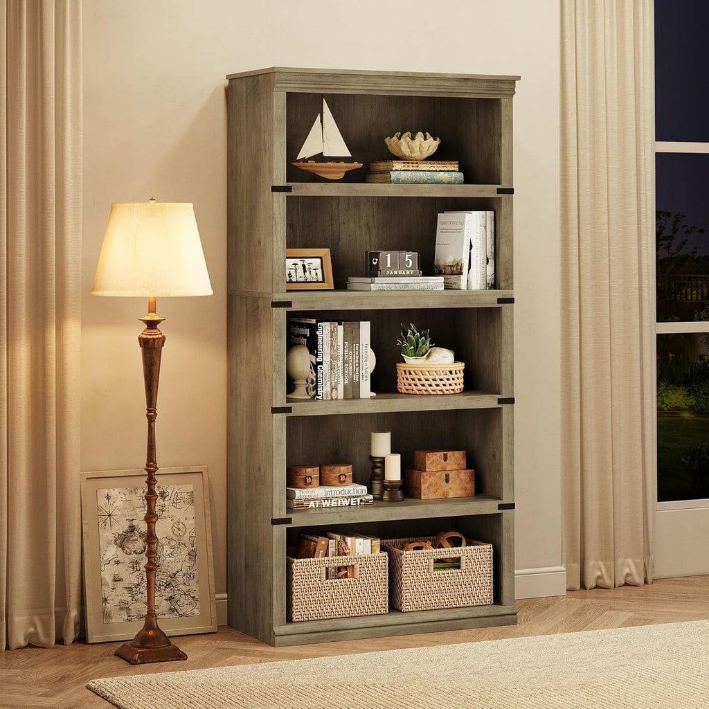 Grey Farmhouse Five Tier Bookcase Living Room Storage