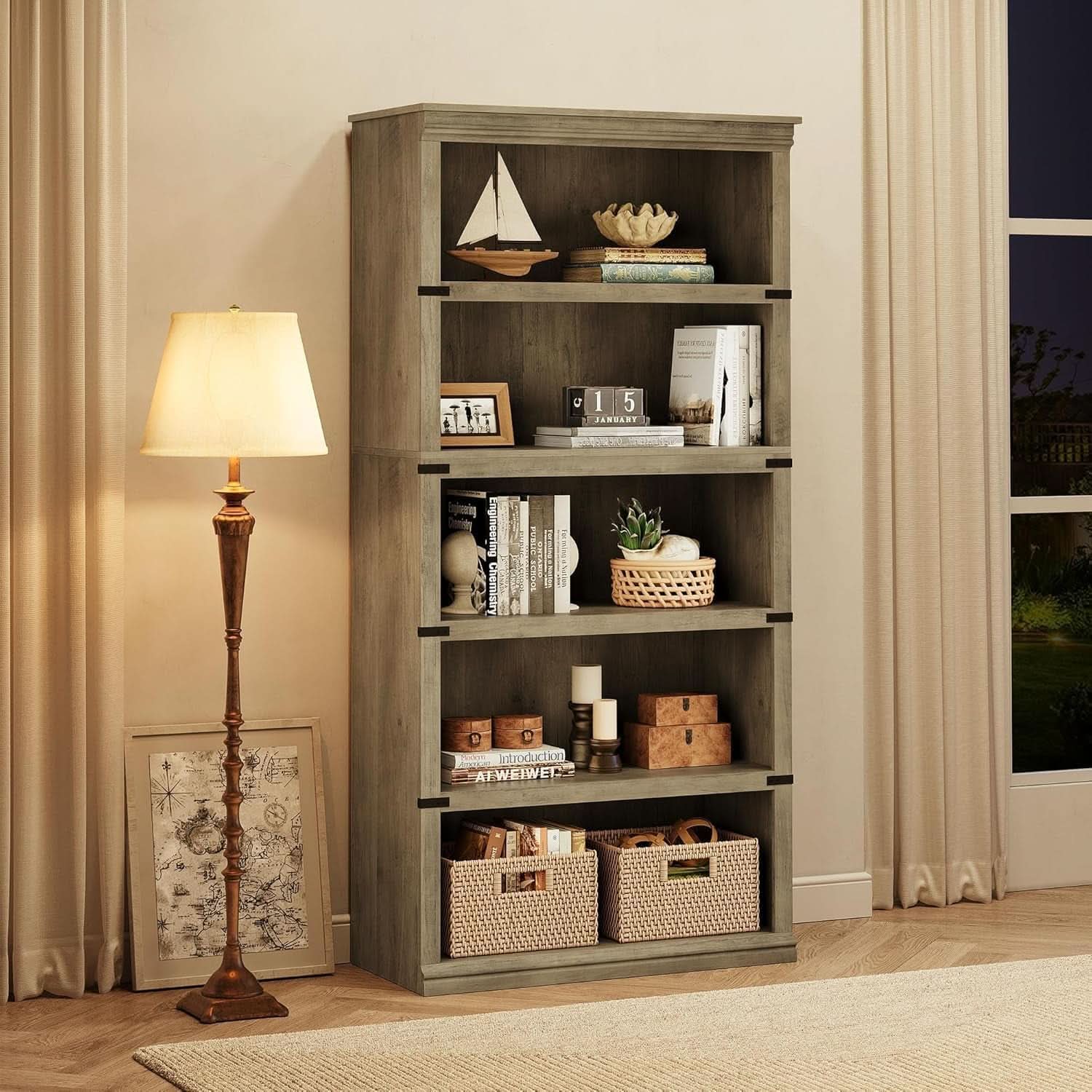 Grey Farmhouse Five Tier Bookcase Living Room Storage