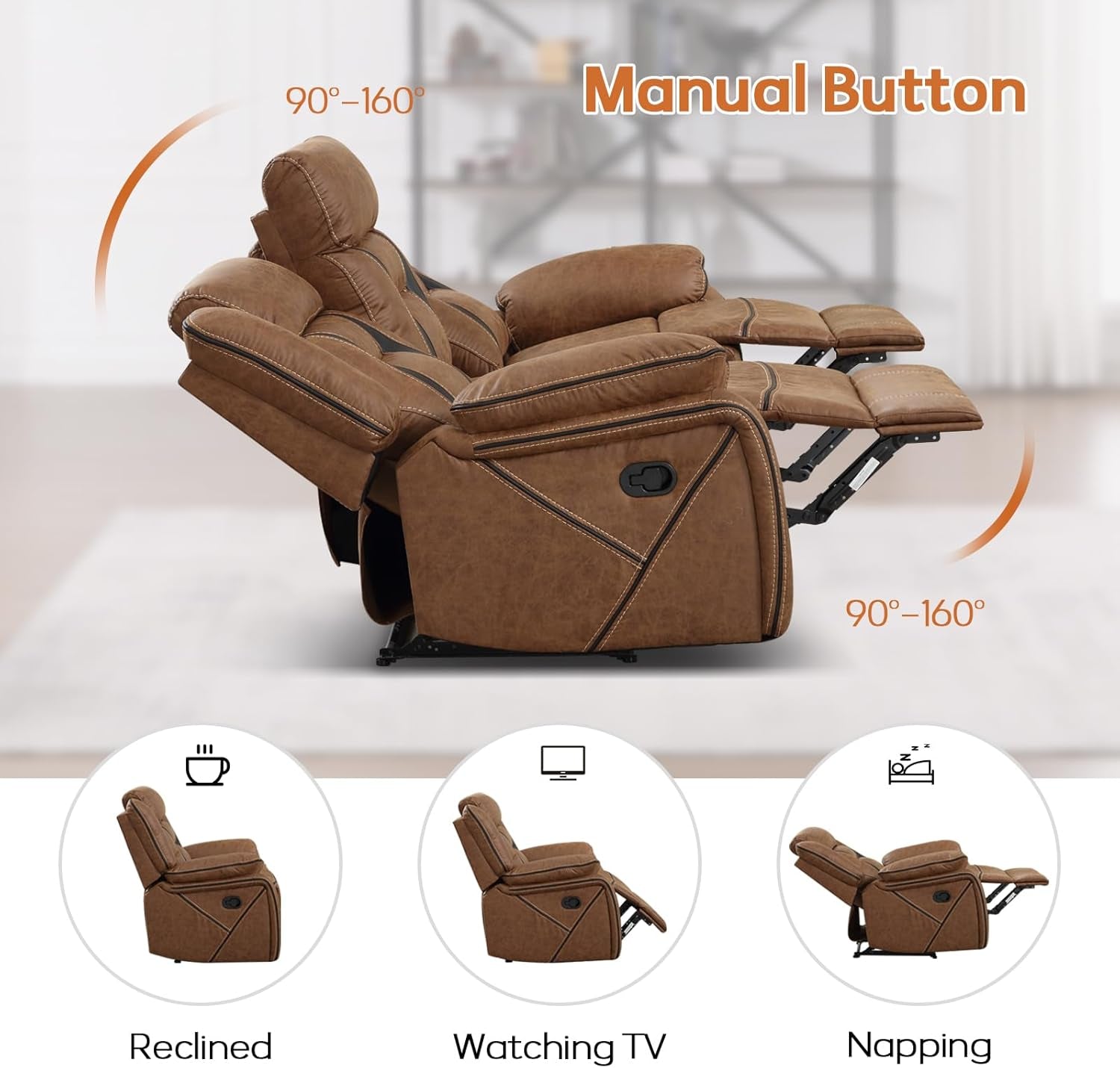 Brown Faux Leather Recliner Sofa Set Luxury Living Room Furniture