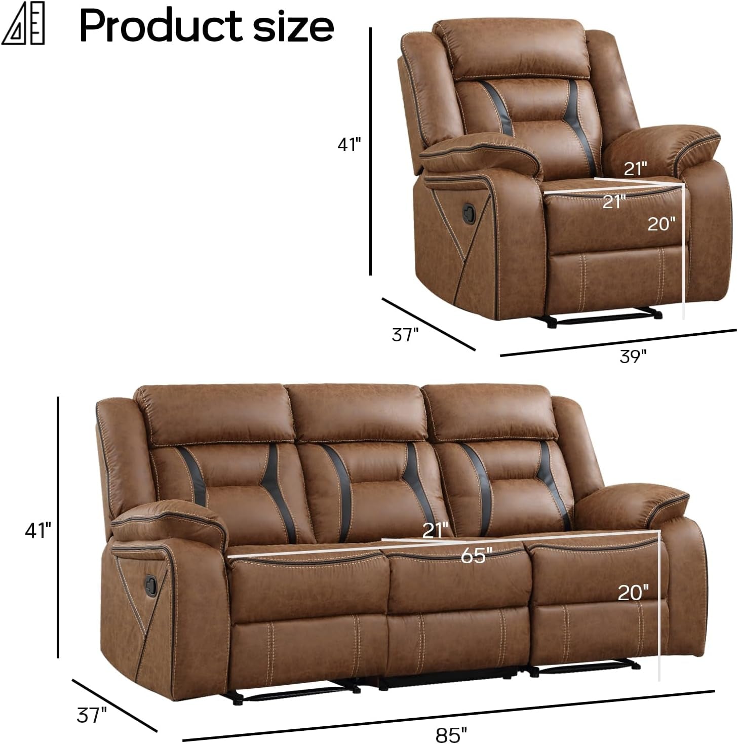Brown Faux Leather Recliner Sofa Set Luxury Living Room Furniture