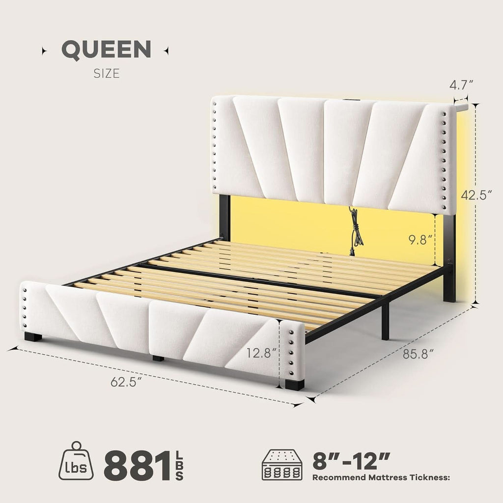 Queen Size Beige Velvet Upholstered Headboard Bed Frame