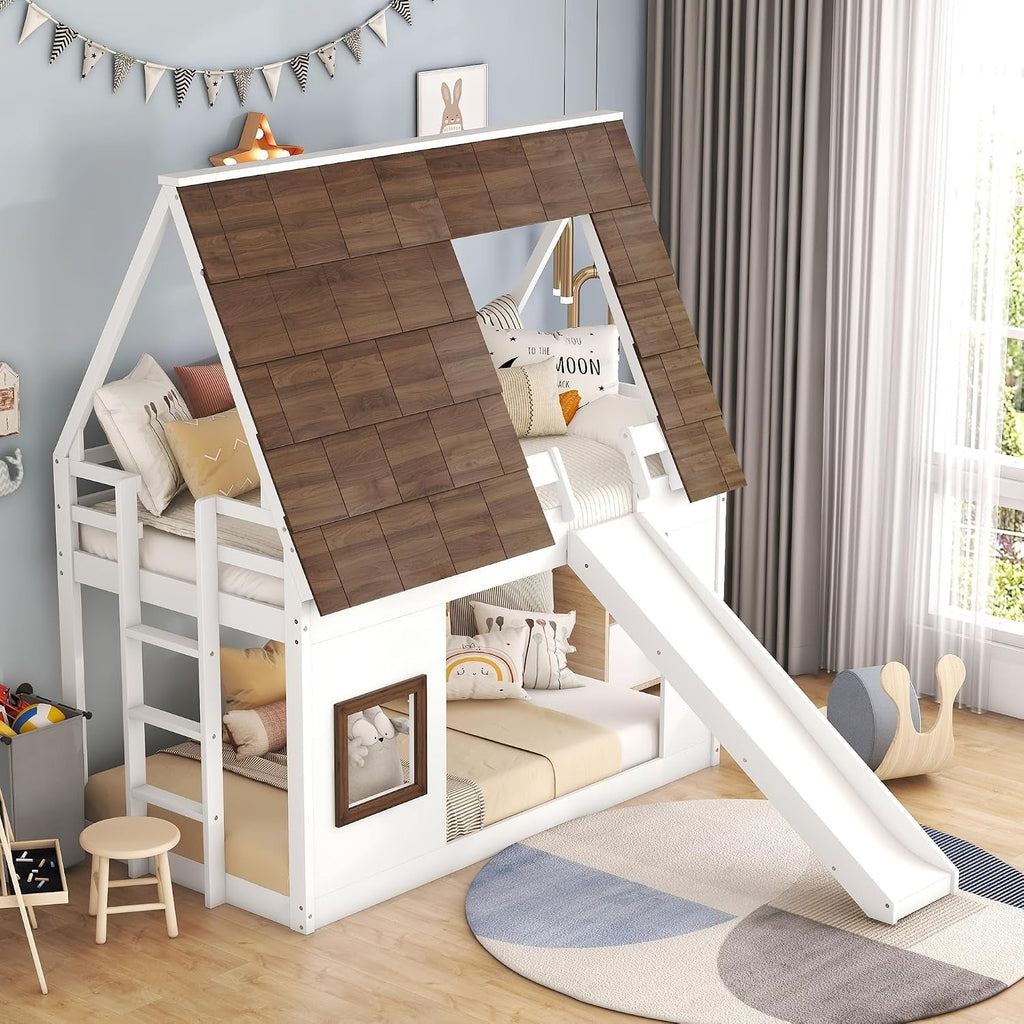 Twin Size Montessori Wooden Playhouse Bunk Bed Slide-3