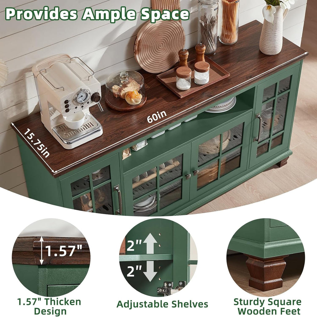 Sixty Inch Sideboard Cabinet With Green Crystal Glass Doors
