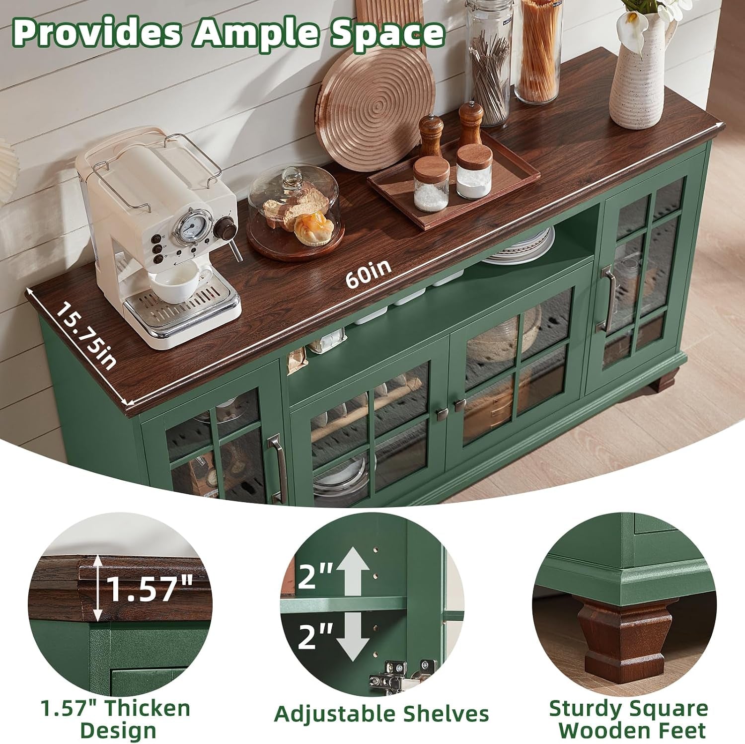 Sixty Inch Sideboard Cabinet With Green Crystal Glass Doors
