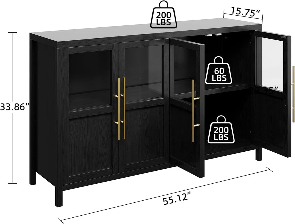 Glass Door Sideboard Cabinet 55Inch Contemporary Walnut-2