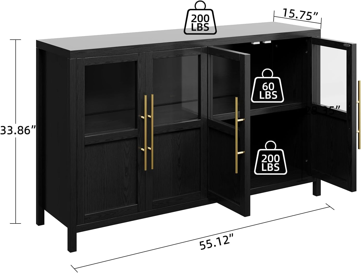 Glass Door Sideboard Cabinet 55Inch Contemporary Walnut-2