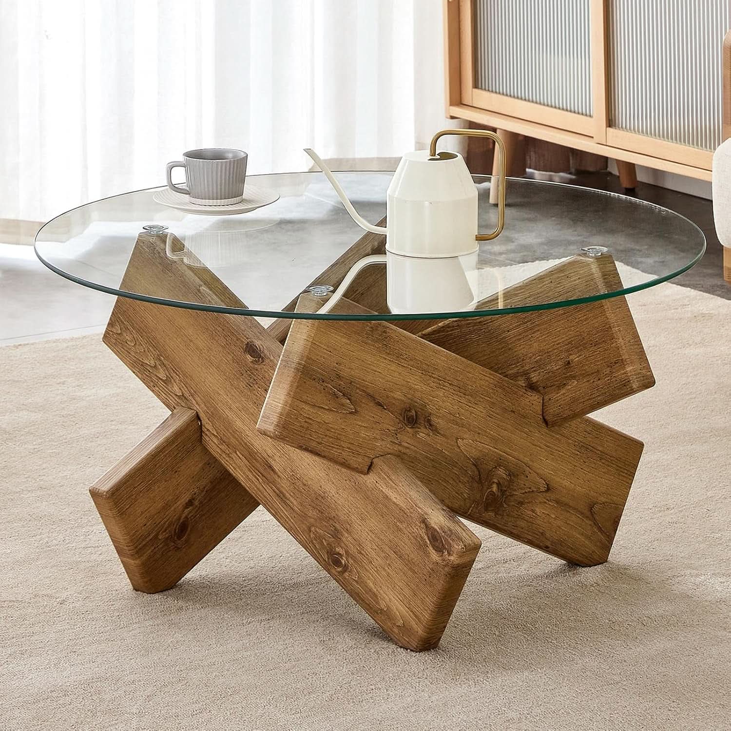 Circular Glass Coffee Table 33 Inch Centerpiece Showcase-0