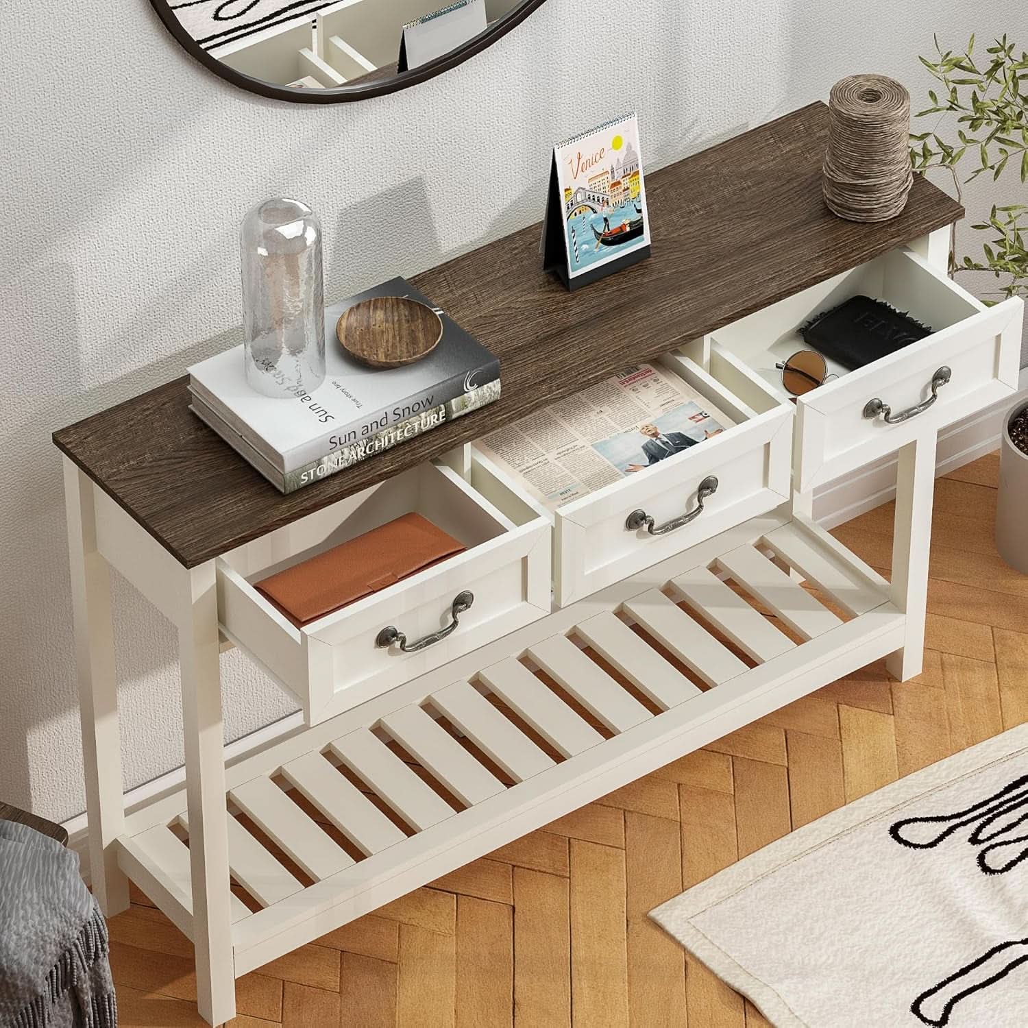 47Inch SoftWhiteBrown TraditionalFarmhouse Console Table Drawers-3