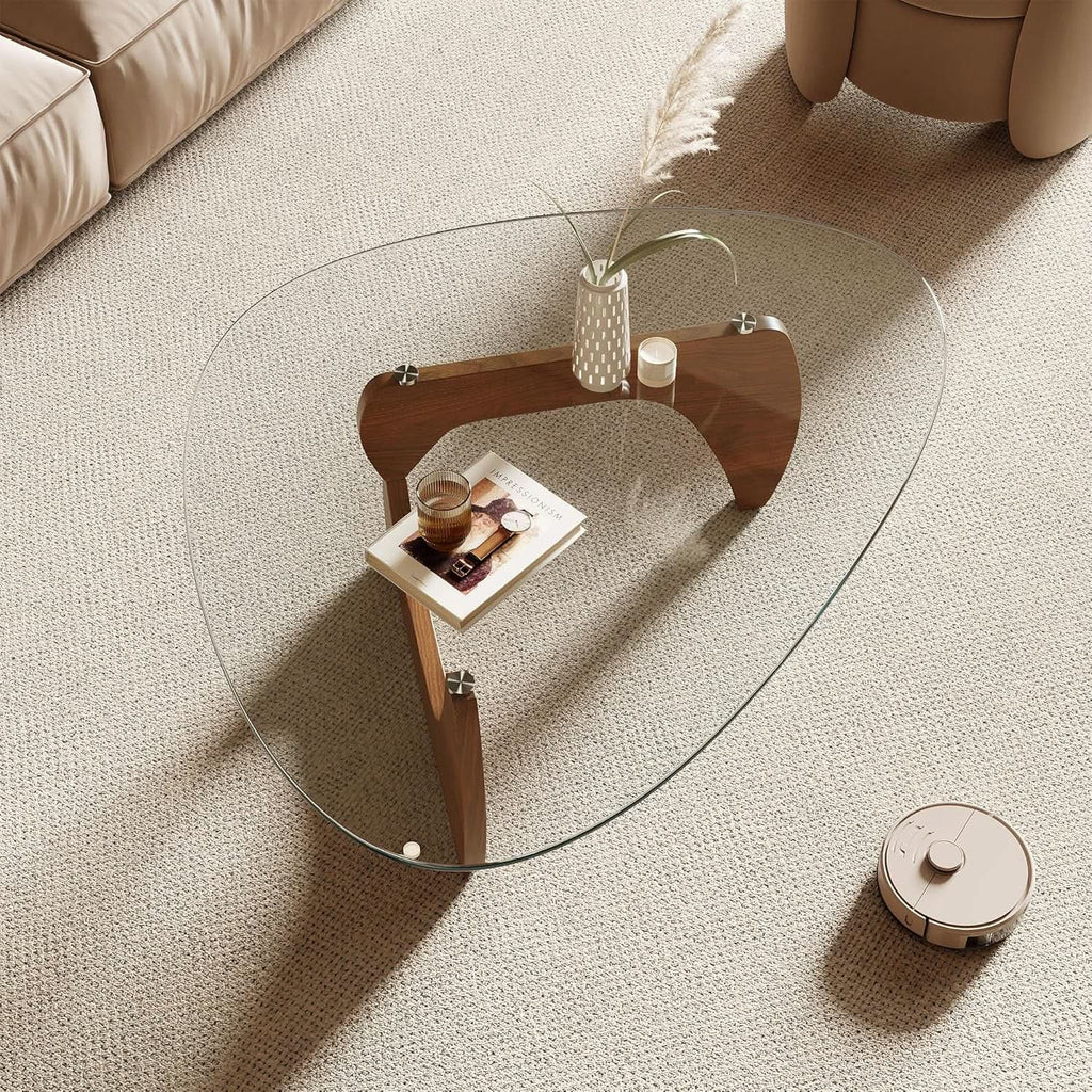 42.5 Inch Triangular Glass Coffee Table Natural Wood-3