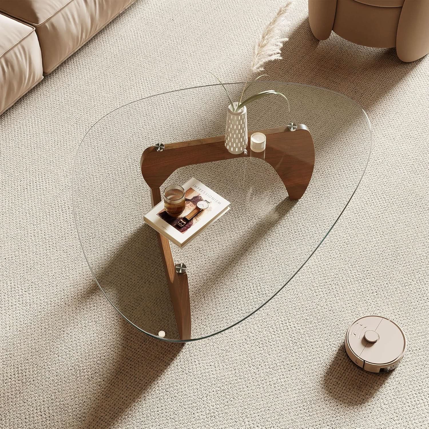 42.5 Inch Triangular Glass Coffee Table Natural Wood-3