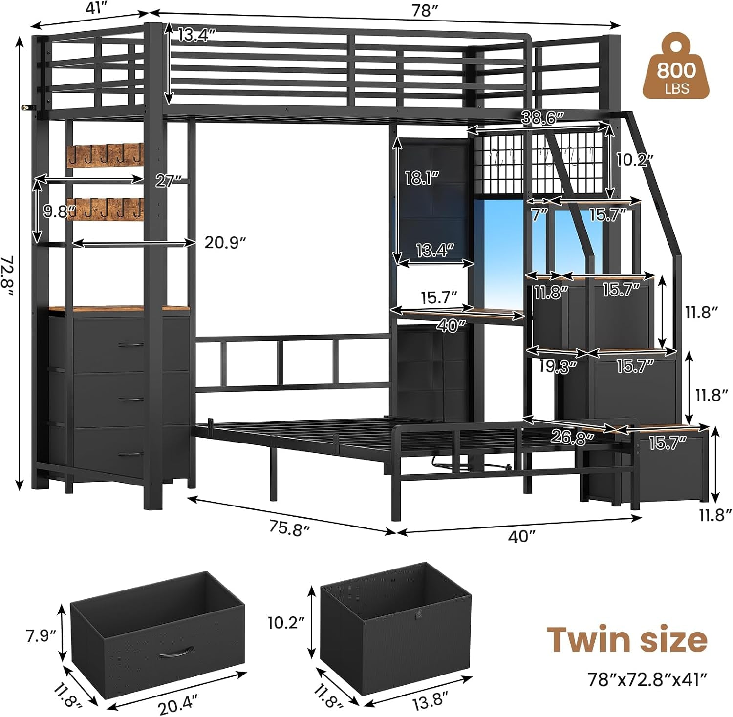 Charcoal Twin Bunk Bed With Charging Station Drawers