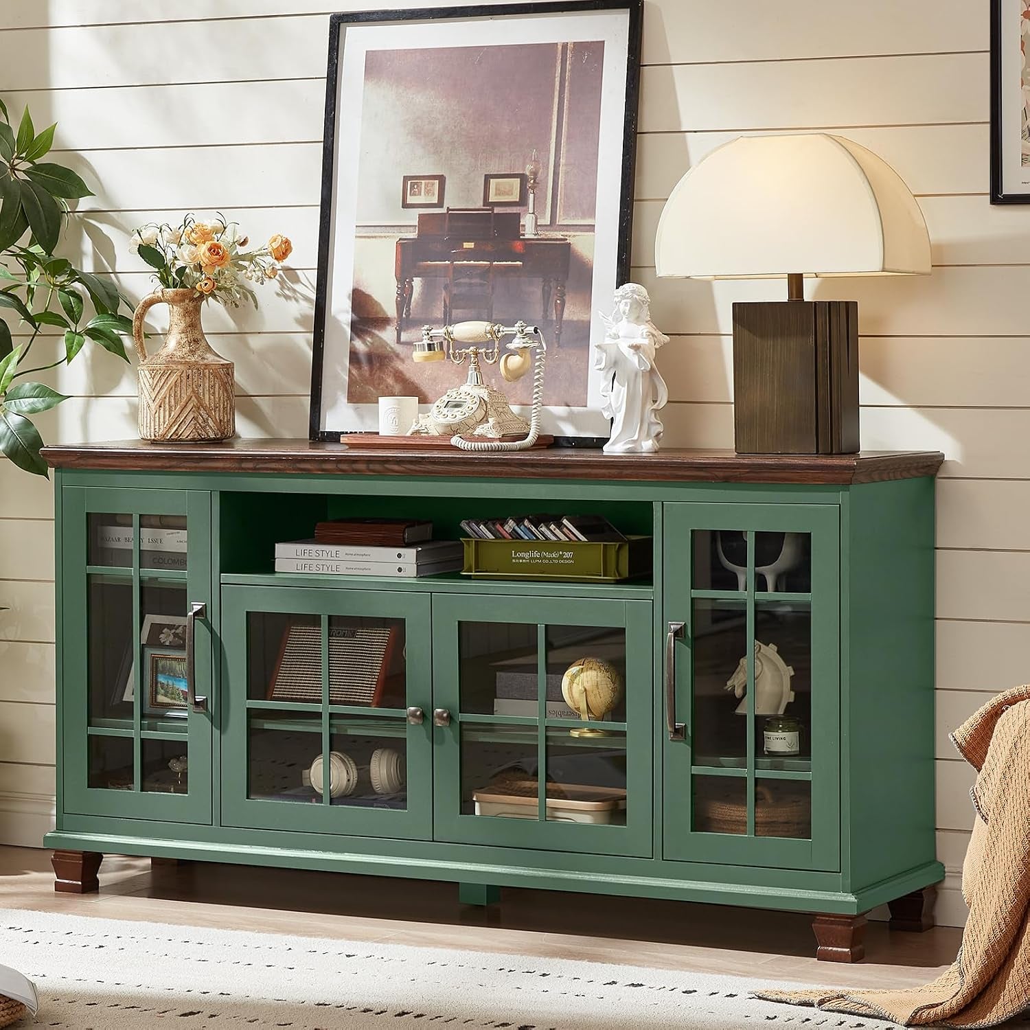 Sixty Inch Sideboard Cabinet With Green Crystal Glass Doors
